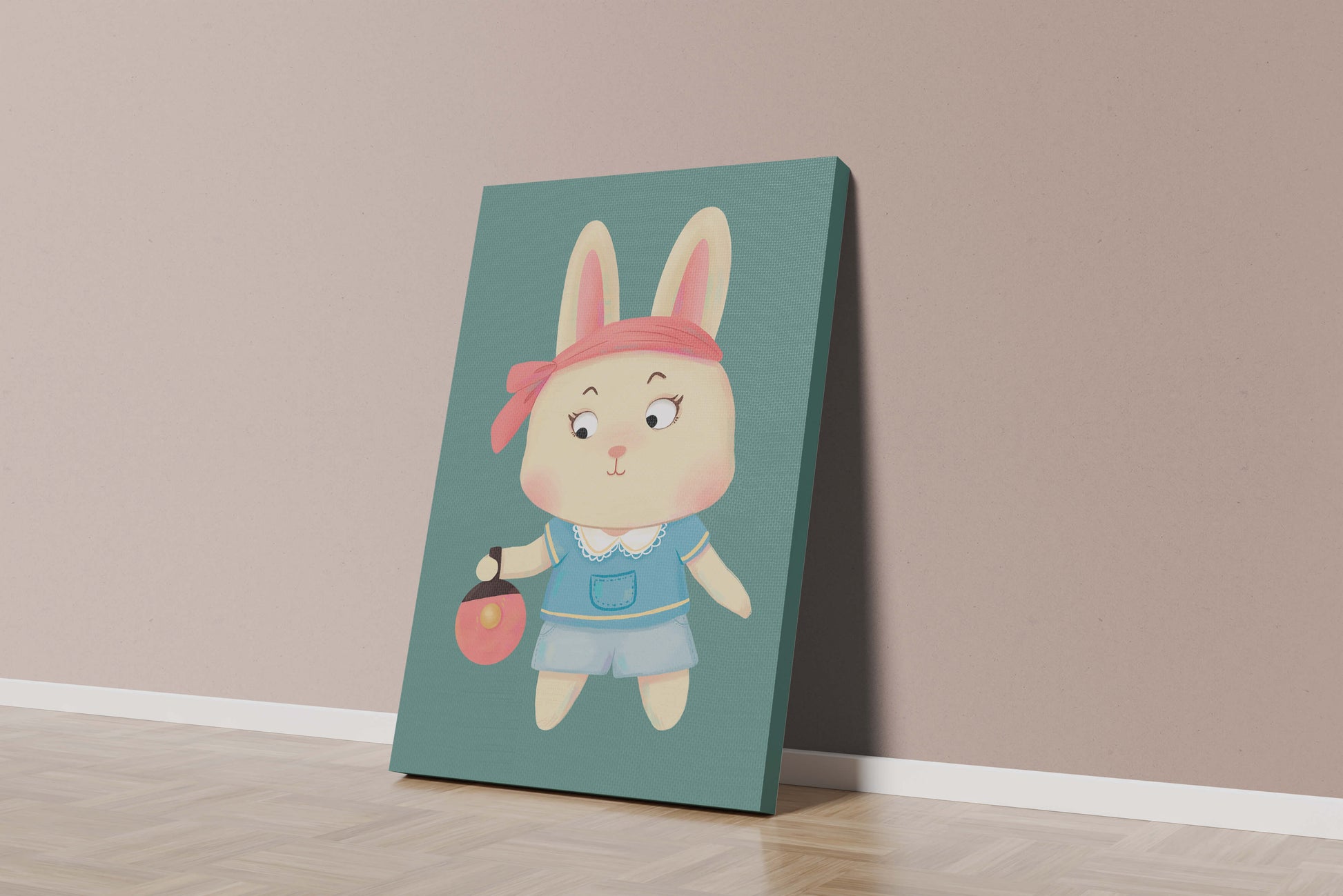 Illustration d'un lapin cartoon avec un bandeau et un sac rond