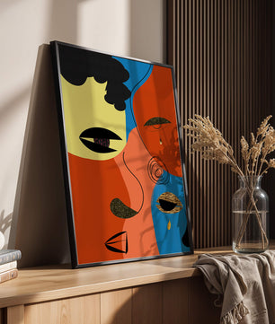 Abstract faces with vibrant colors and gold accents