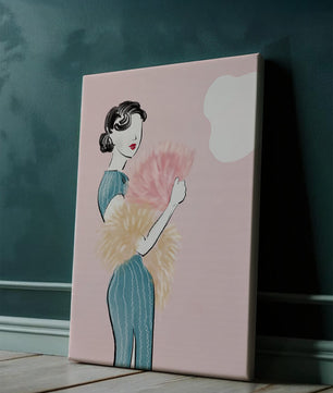 Elegant woman in vintage dress with pink background