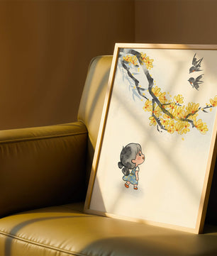 Charming illustration of a child gazing at birds and yellow blossoms