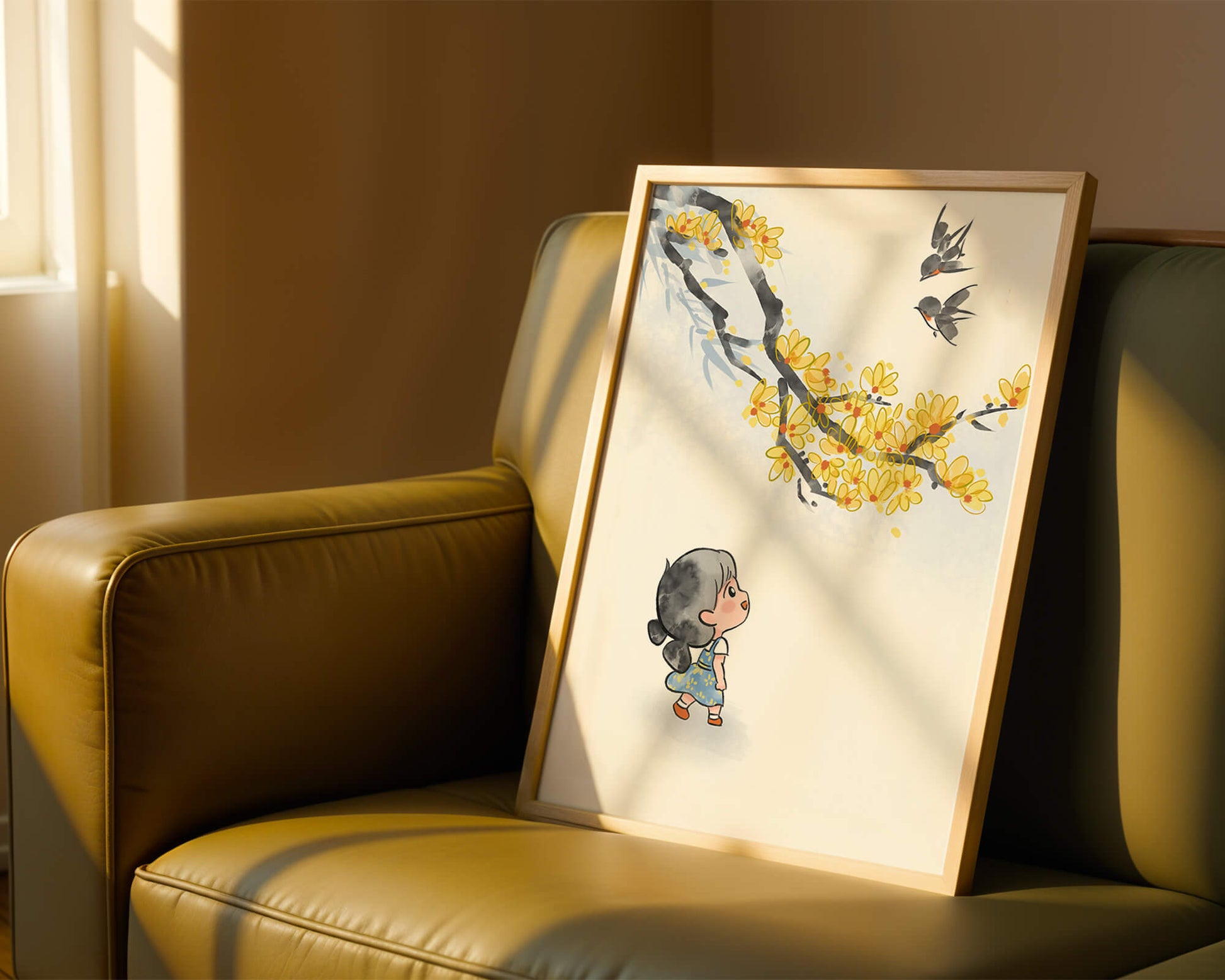 Charming illustration of a child gazing at birds and yellow blossoms