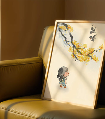 Charming illustration of a child gazing at birds and yellow blossoms