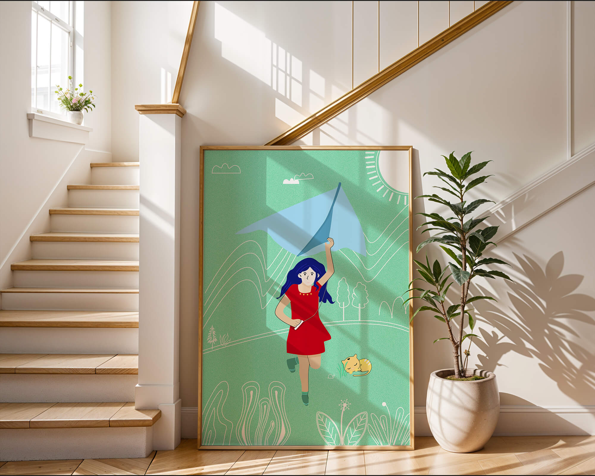 Illustration of a girl with a kite in a whimsical landscape
