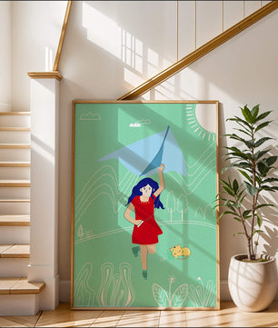 Illustration d'une fille avec un cerf-volant dans un paysage fantaisiste