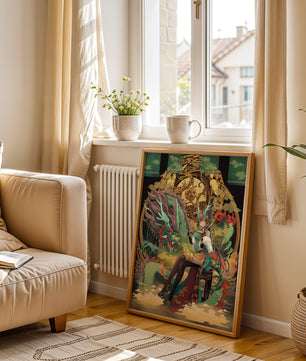 Art fantastique élégant d'une femme avec un dragon majestueux et des éléments dorés