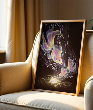 Colorful Koi Fish in a Dreamlike Underwater Scene with Illuminated Elements