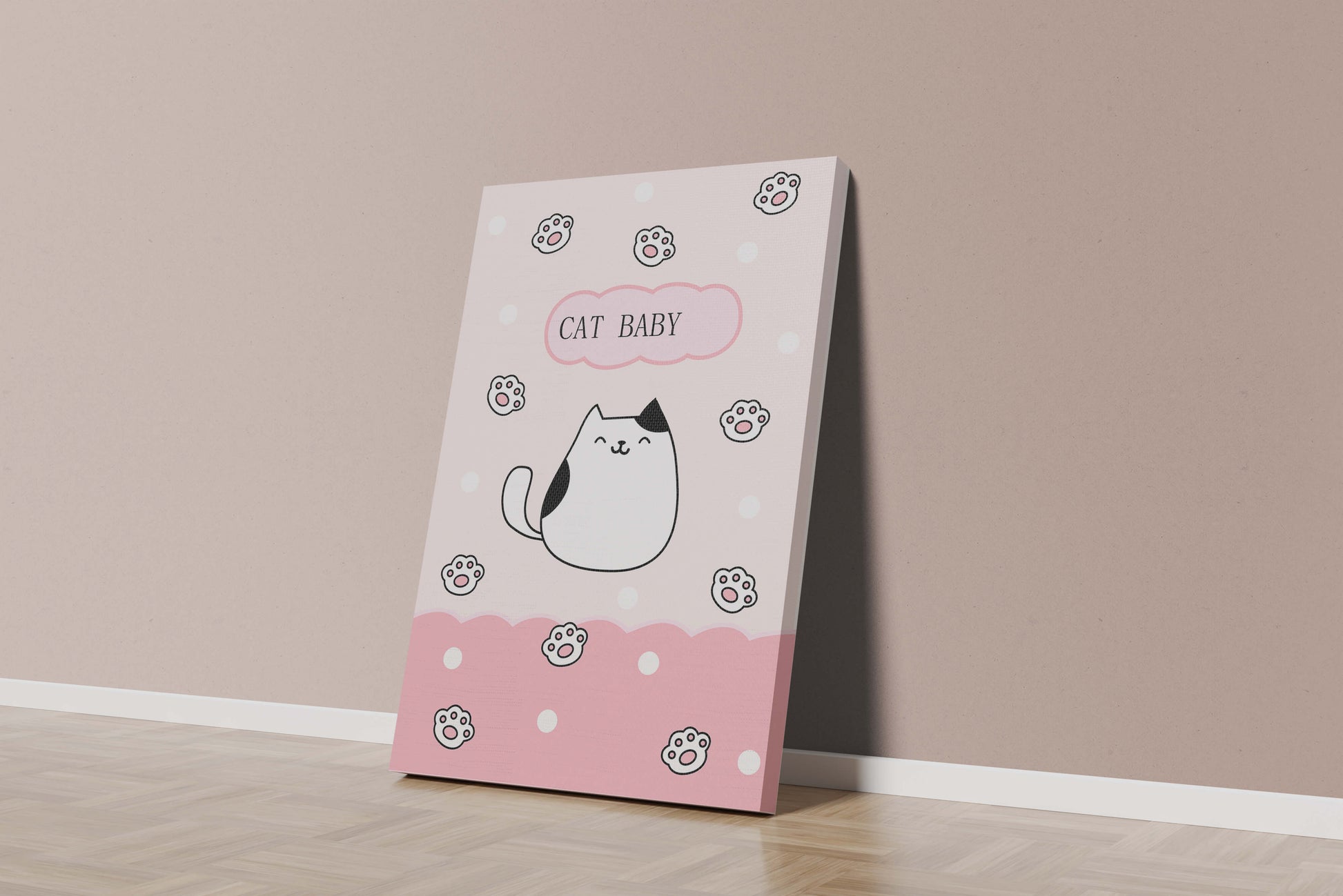 Adorable cat baby illustration with cute paw prints and polka dots
