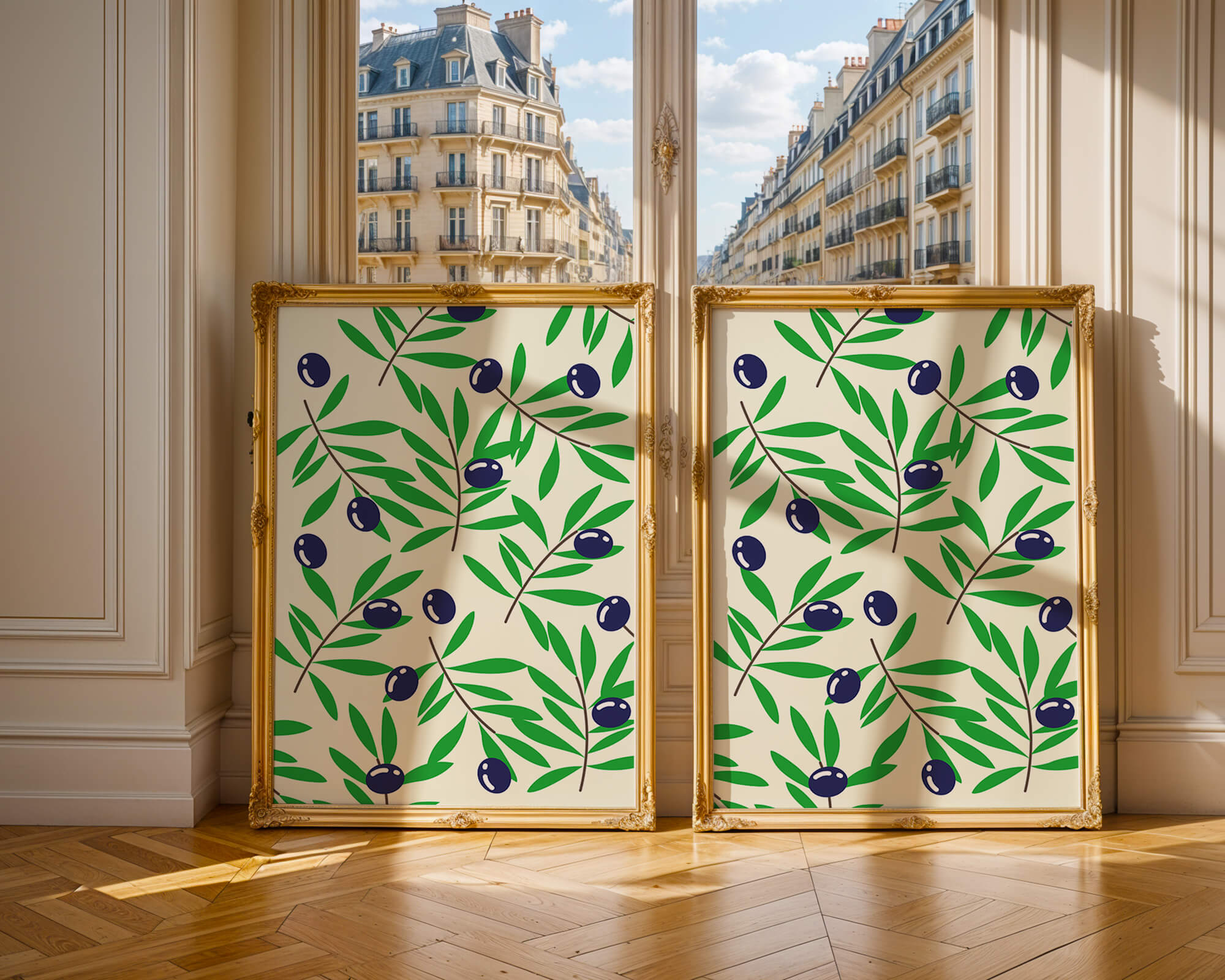 Olive branch pattern with green leaves and blue olives