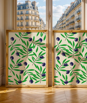 Olive branch pattern with green leaves and blue olives