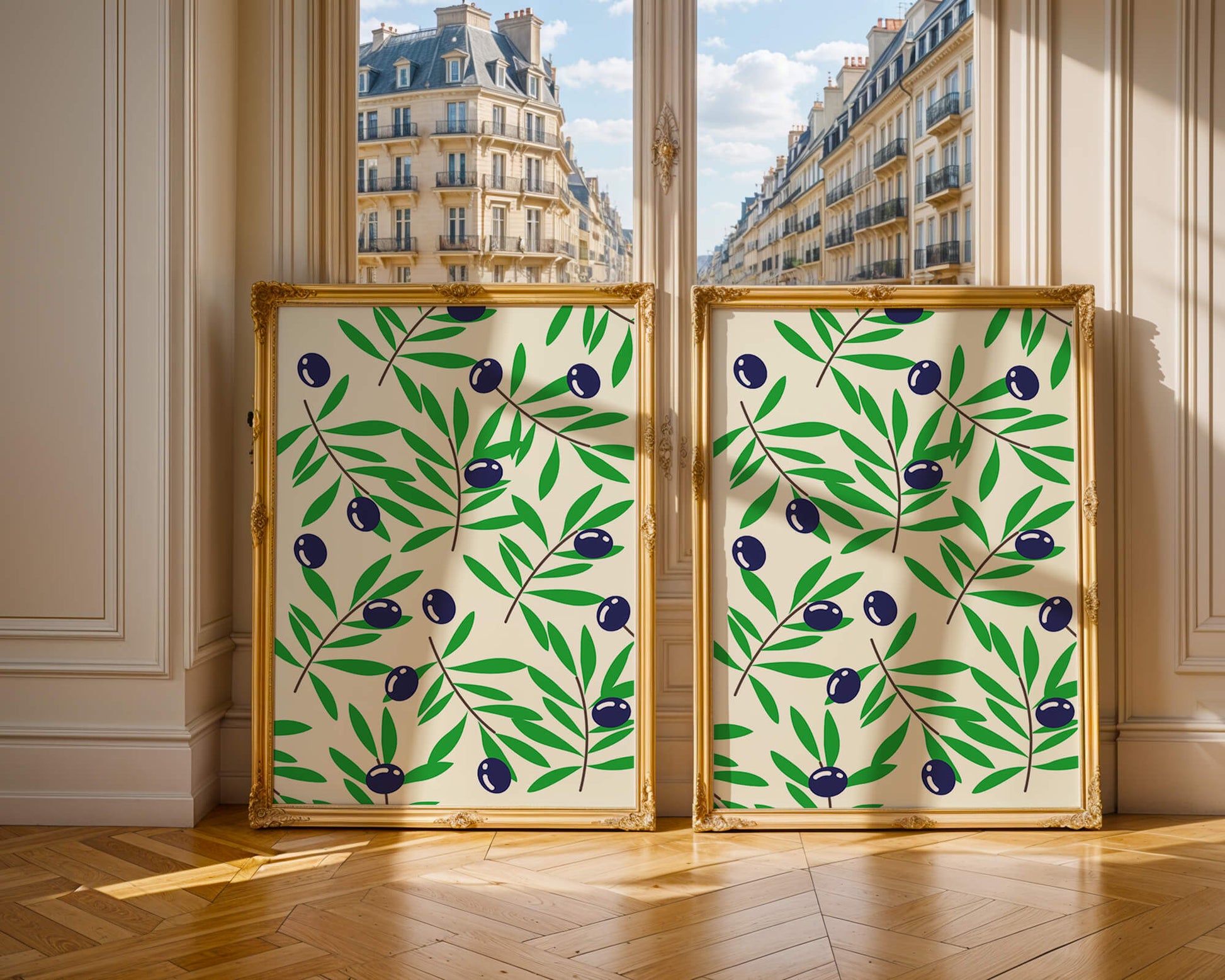 Olive branch pattern with green leaves and blue olives