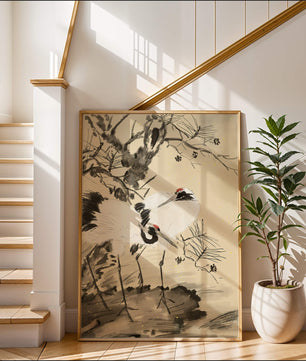 Traditional Japanese Painting of Cranes with Pine Tree and Gold Details