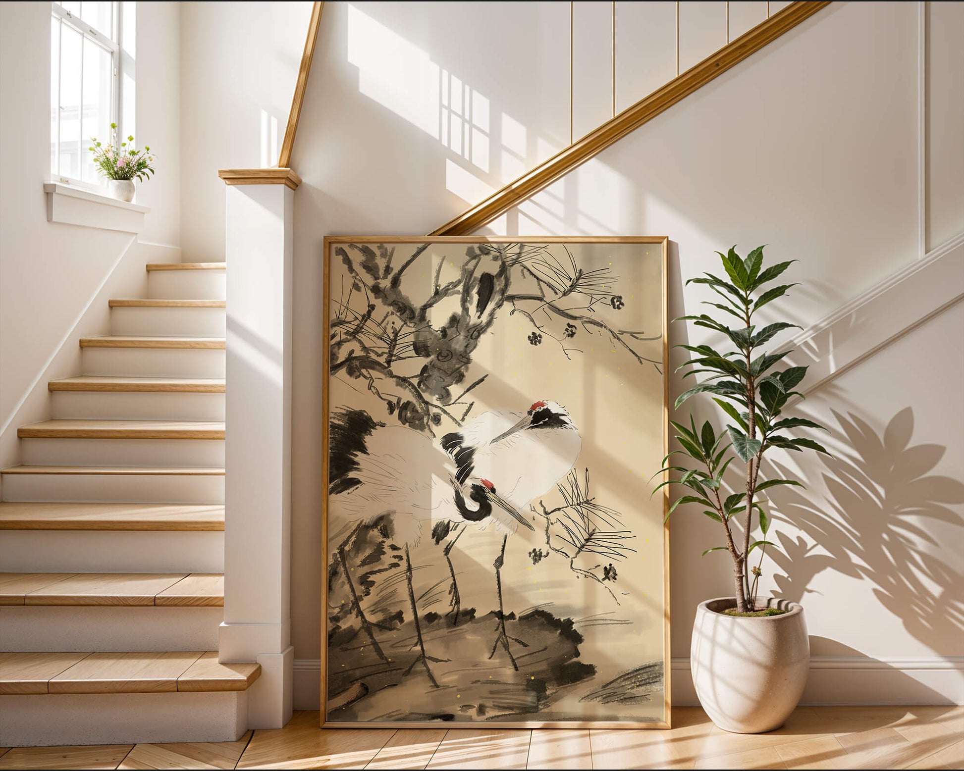 Pintura tradicional japonesa de grullas con pino y detalles dorados