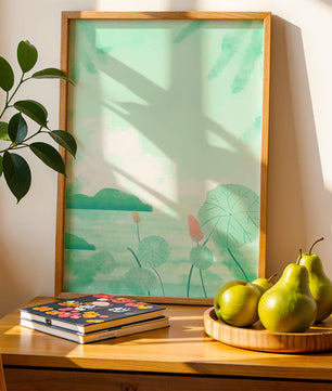 Paisaje de acuarela verde con nenúfares y colinas