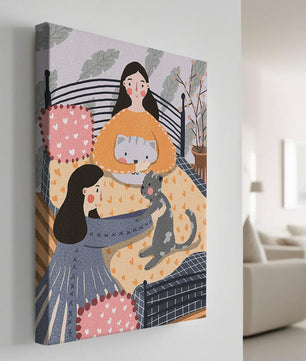 Escena interior acogedora con mujeres, gatos y elementos decorativos