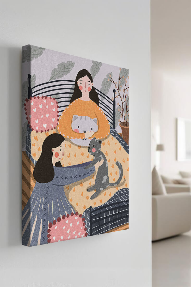 Escena interior acogedora con mujeres, gatos y elementos decorativos