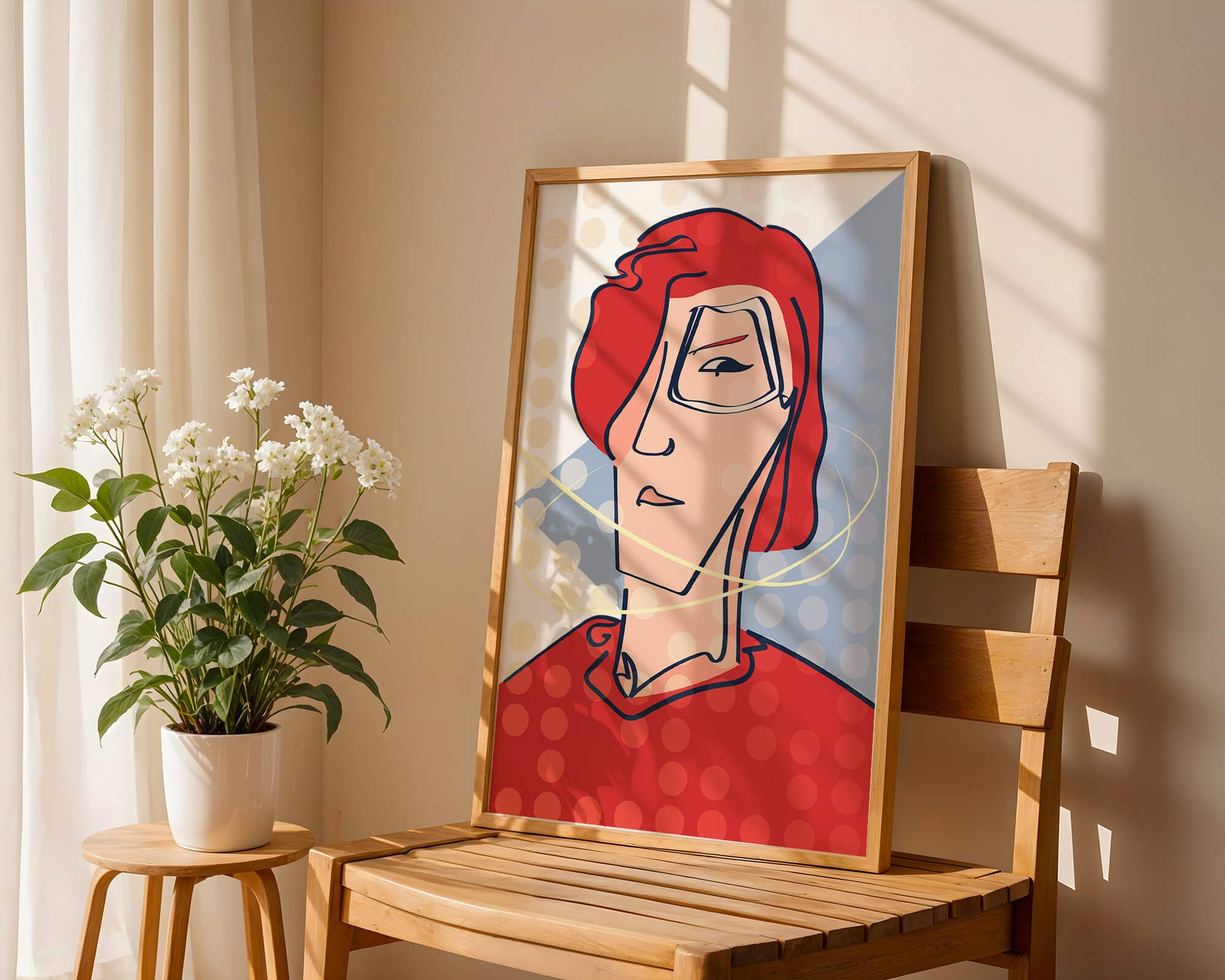 Retrato abstracto con cabello rojo y fondo punteado