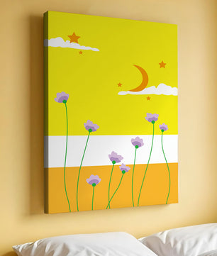 Illustrative landscape with crescent moon, stars, and flowers
