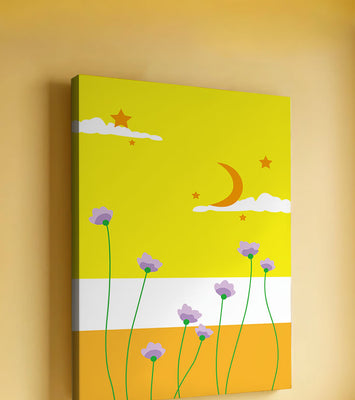 Illustrative landscape with crescent moon, stars, and flowers