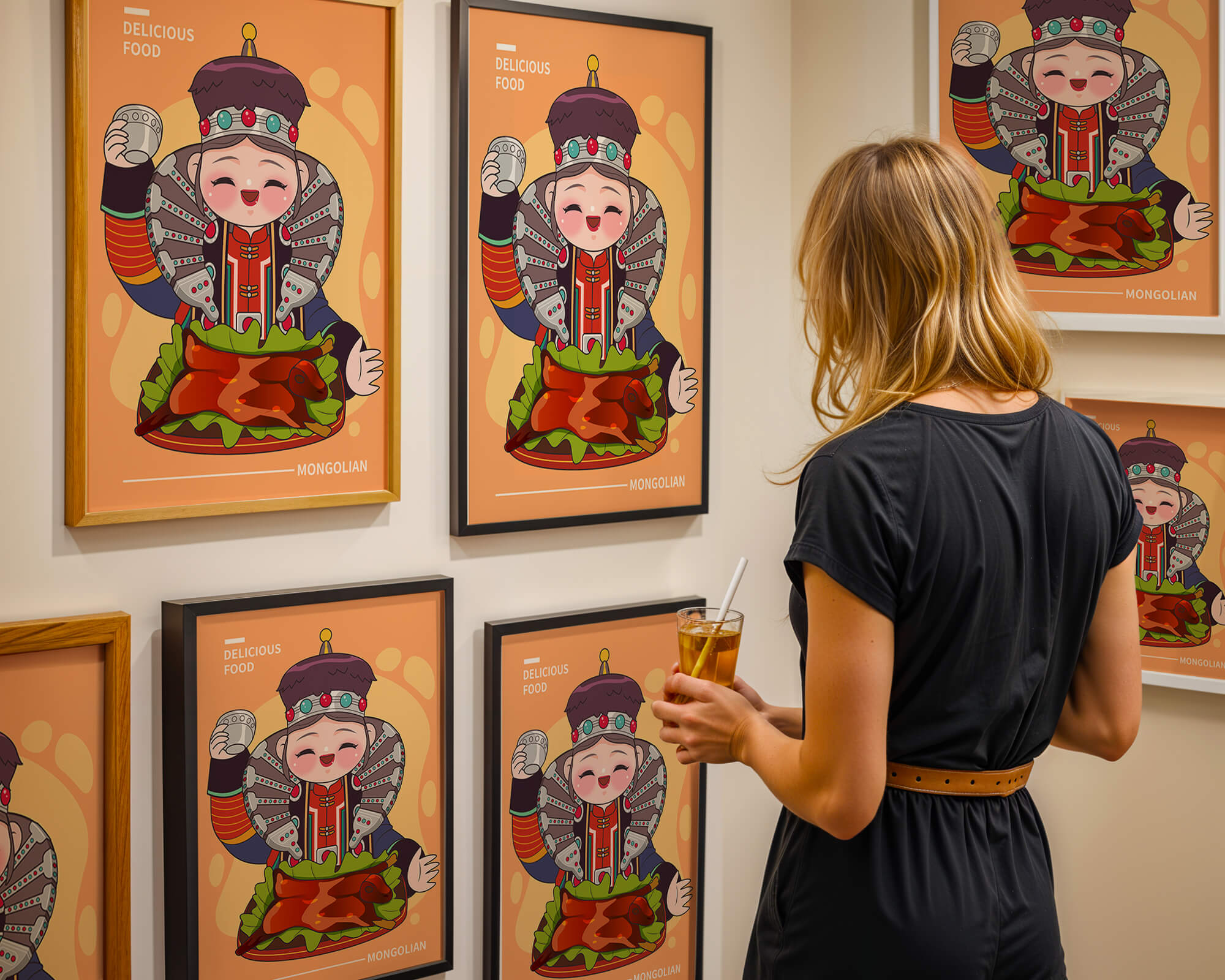 Cartoon character in traditional Mongolian attire with food