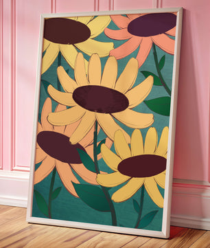 Ilustración floral con margaritas amarillas y naranjas sobre fondo turquesa