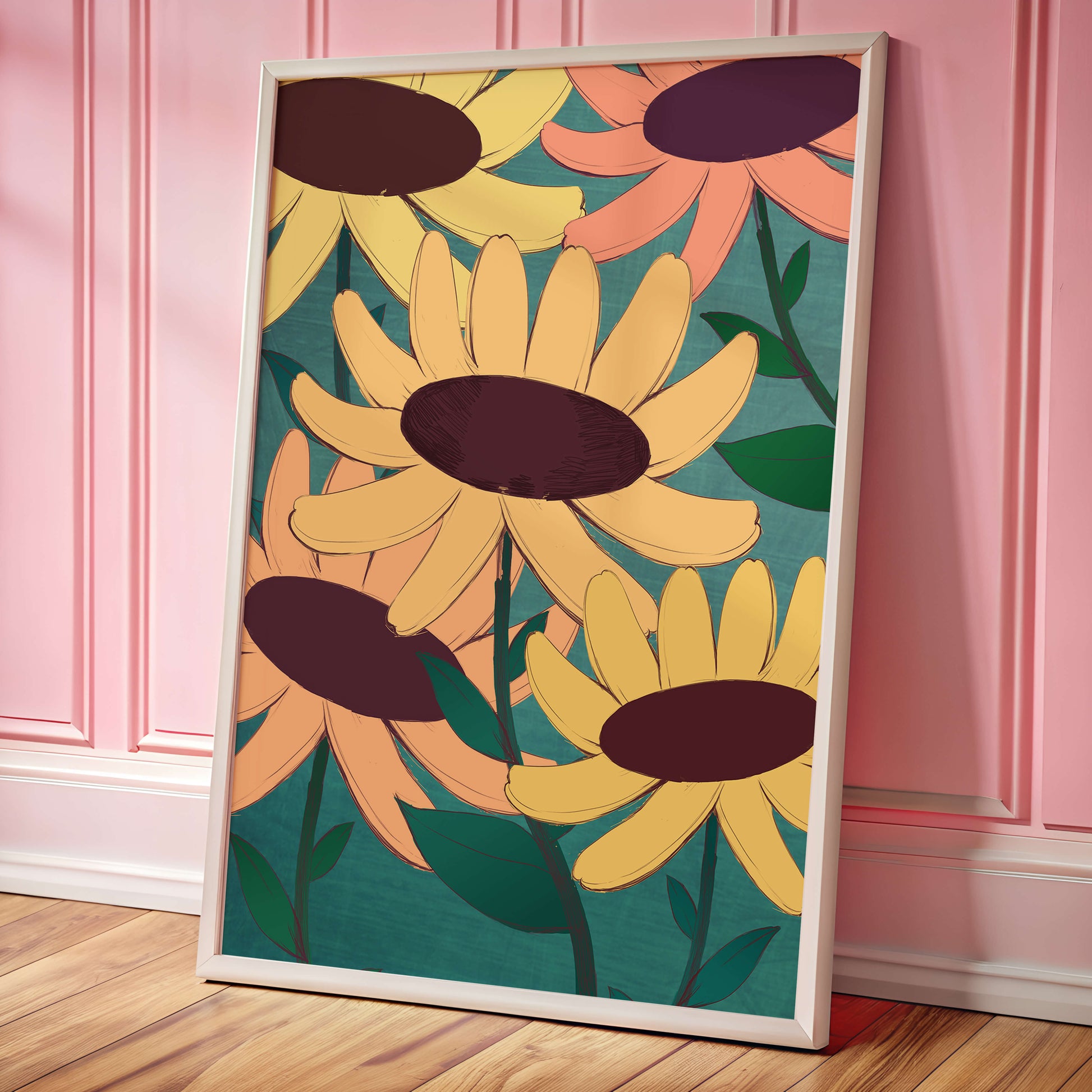 Ilustración floral con margaritas amarillas y naranjas sobre fondo turquesa