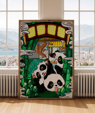 Ilustración de pandas encantadores disfrutando de helado bajo un puente de bambú