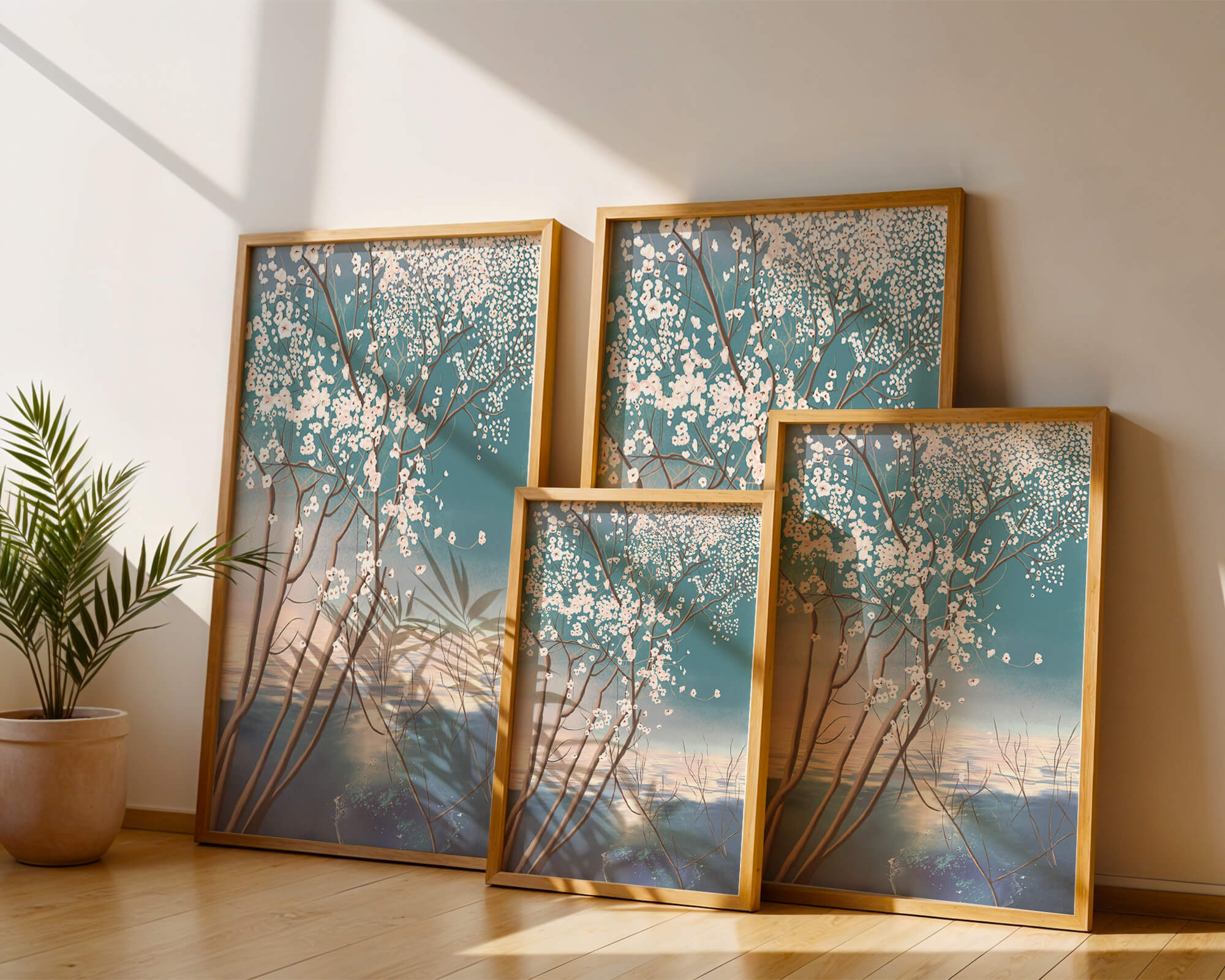Serene landscape with blossoming tree over calm water reflection
