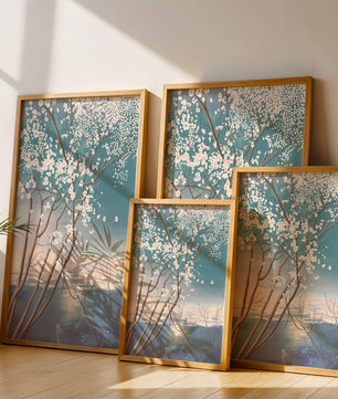 Paisaje sereno con árbol en flor sobre la reflexión del agua tranquila