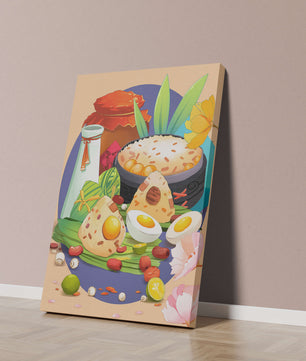 Naturaleza muerta culinaria asiática tradicional con arroz y huevos