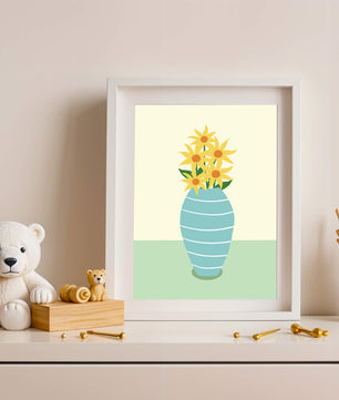 Yellow Sunflowers in a Blue Striped Vase on a Minimalist Background - Mi tienda