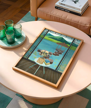 Scenic view from a room overlooking a tranquil water garden with stepping stones and mountains