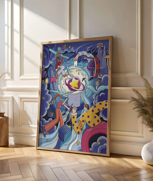 Exploration cosmique colorée avec personnages animés et formes géométriques