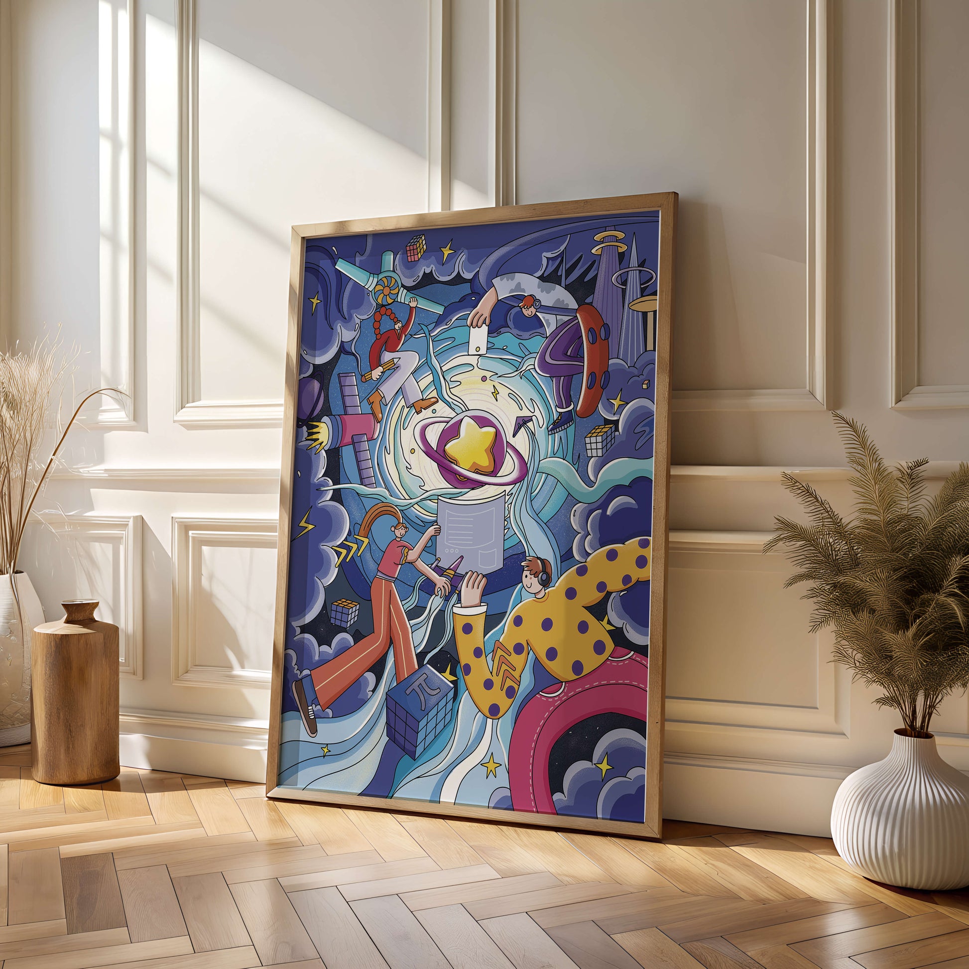 Colorful Cosmic Exploration with Animated Characters and Geometric Shapes