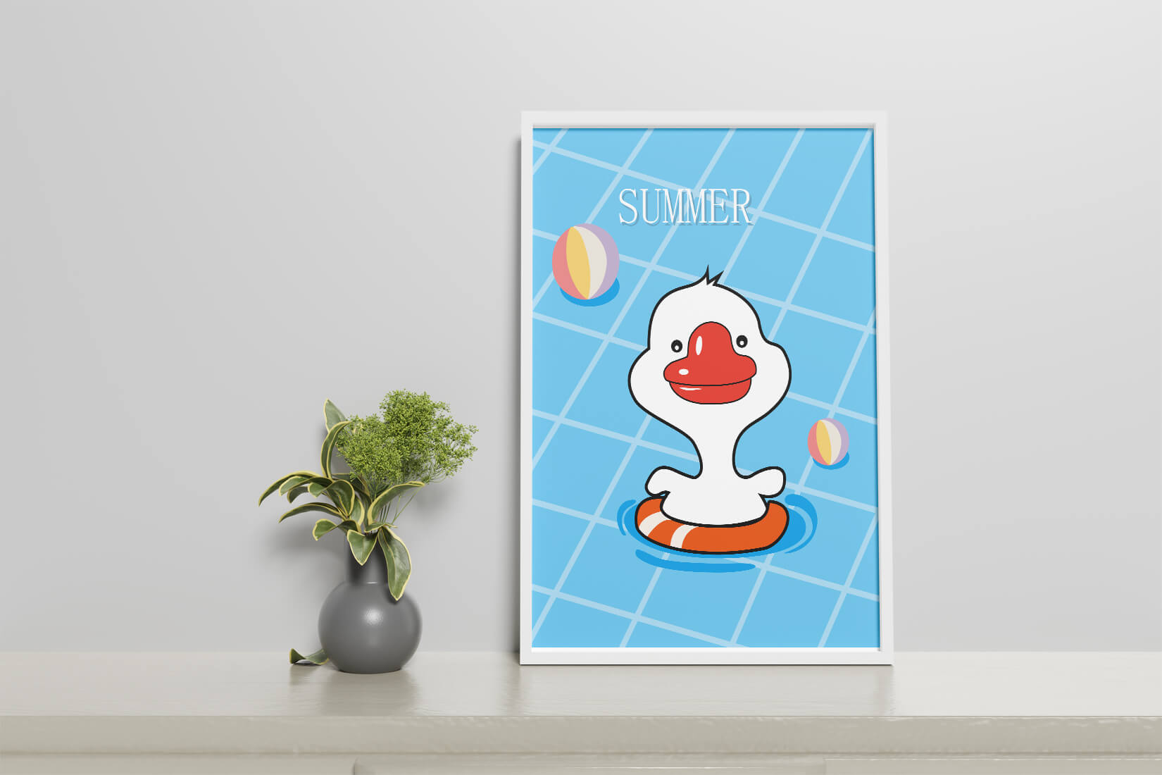 Cartoon duck swimming in a pool with summer beach elements