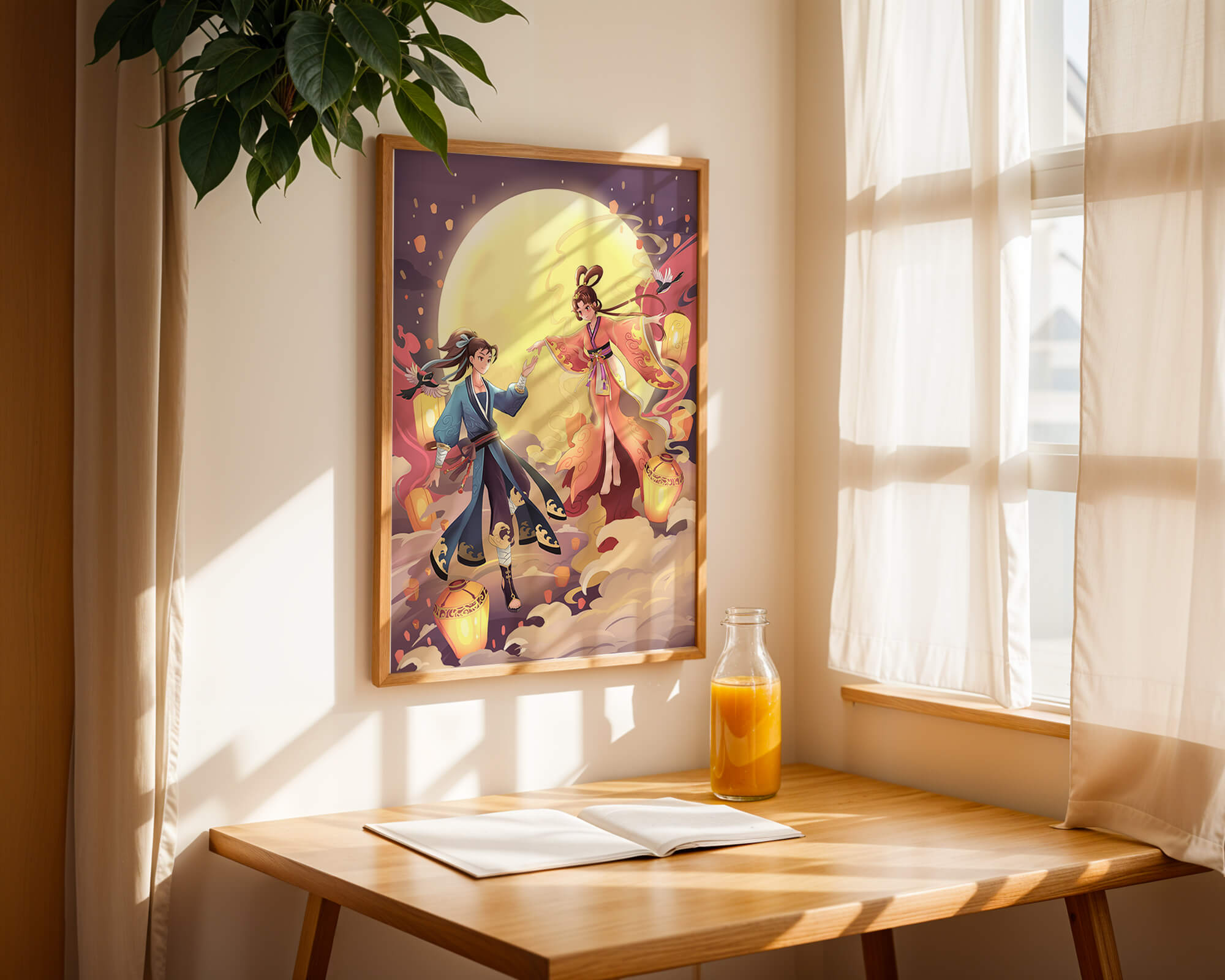 Elegant moonlit fantasy scene with traditional attire