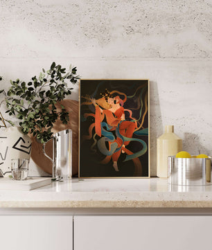 Elegant depiction of a goddess playing a lute with flowing ribbons