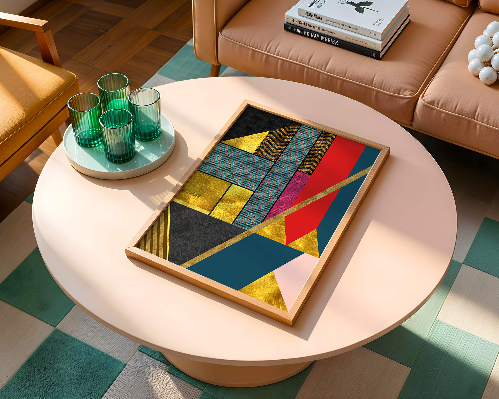 Geometric abstract art with bold colors and golden accents
