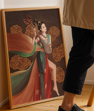 Elegante representación de una mujer tocando un instrumento de cuerda tradicional con ropajes fluidos y fondo ornamentado
