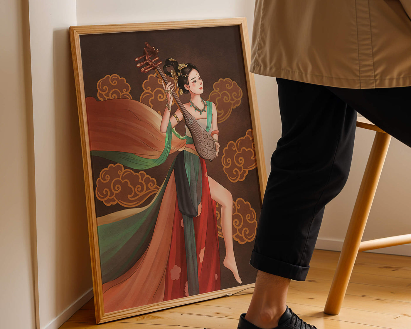 Elegant depiction of a woman playing a traditional string instrument with flowing garments and ornate background