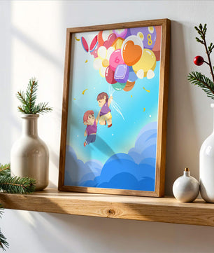 Ilustración caprichosa de niños en el cielo con globos de colores