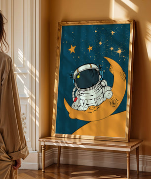 Charming Astronaut Sitting on a Crescent Moon with Stars in Space - Mi tienda