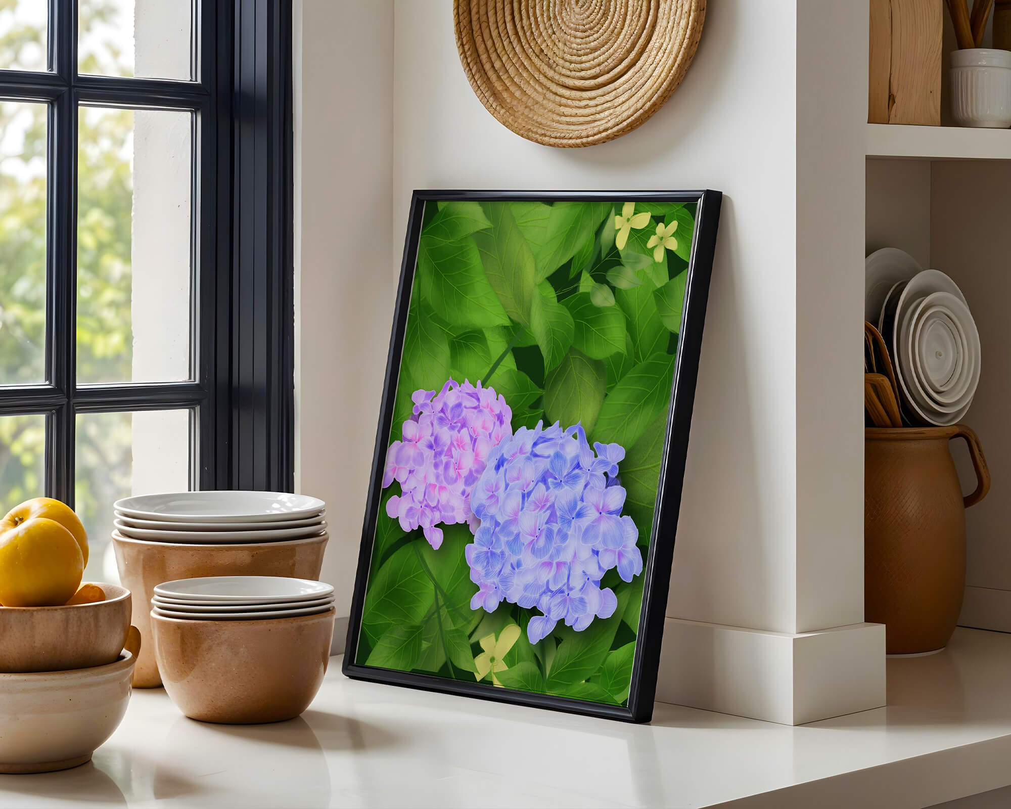 Delicate hydrangeas with lush green leaves in a vibrant botanical scene