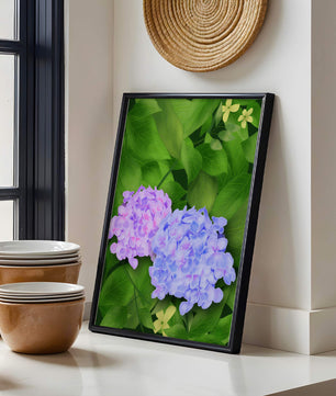 Delicate hydrangeas with lush green leaves in a vibrant botanical scene