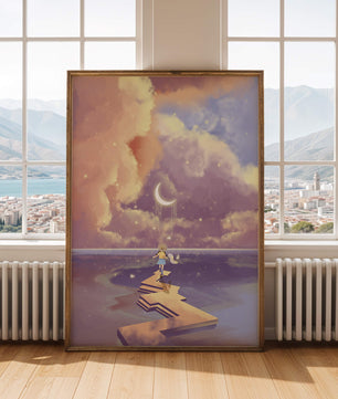 Whimsical journey on a dreamlike path beneath colorful clouds