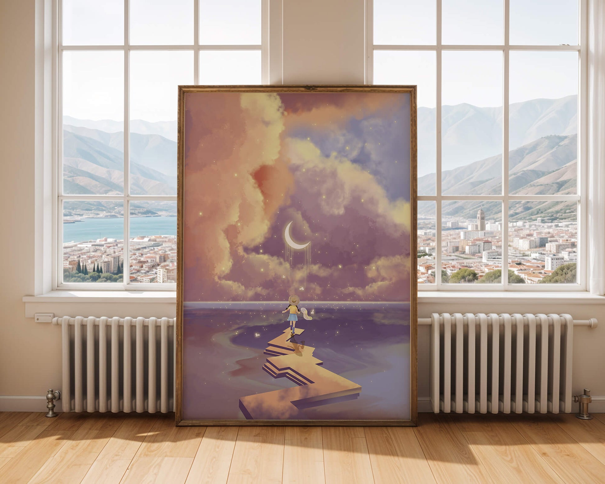 Whimsical journey on a dreamlike path beneath colorful clouds