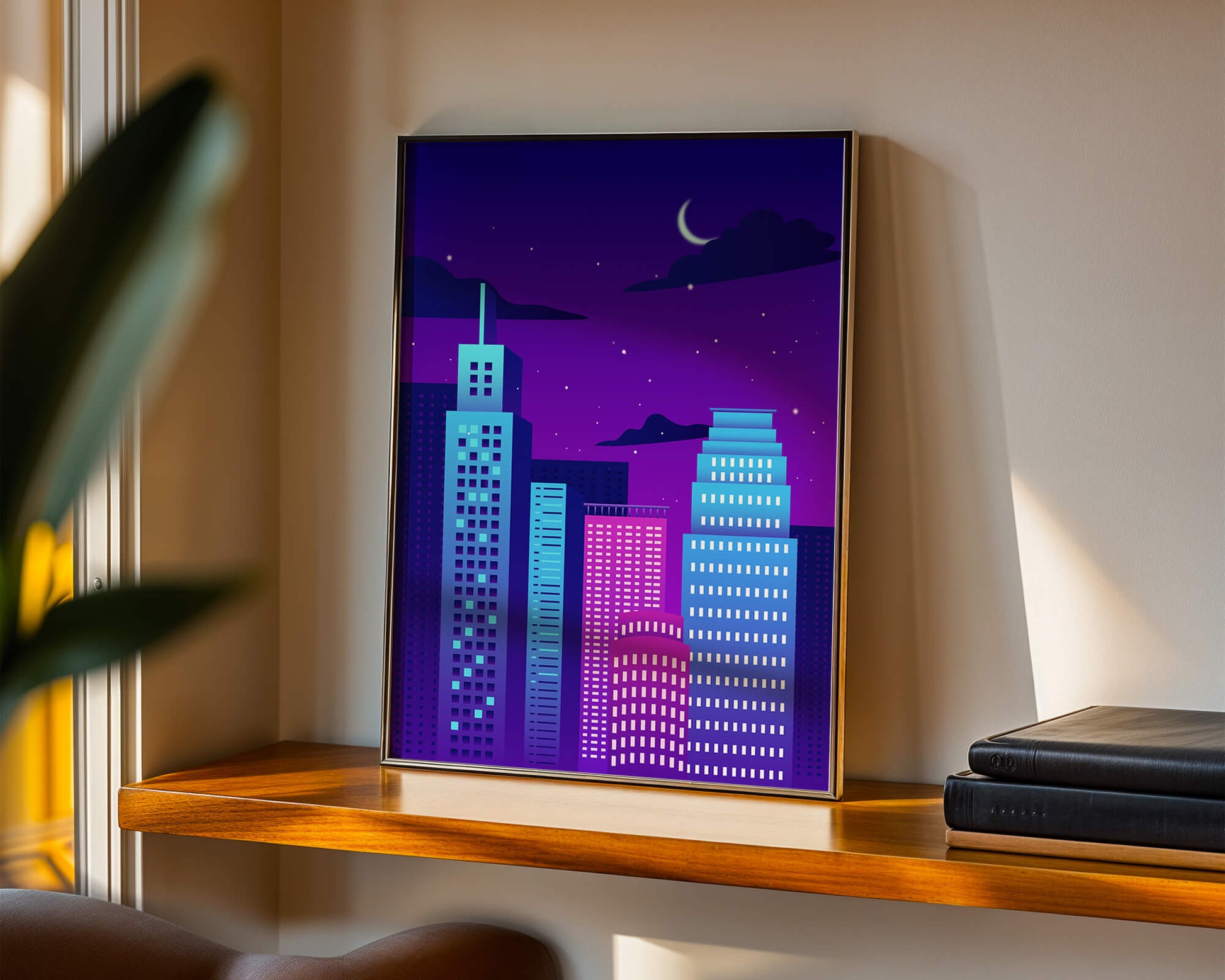 Vibrant city skyline at night with modern skyscrapers and starry sky