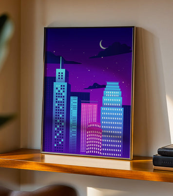 Vibrant city skyline at night with modern skyscrapers and starry sky