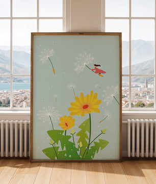 Whimsical illustration of a girl flying with dandelions in a colorful floral scene