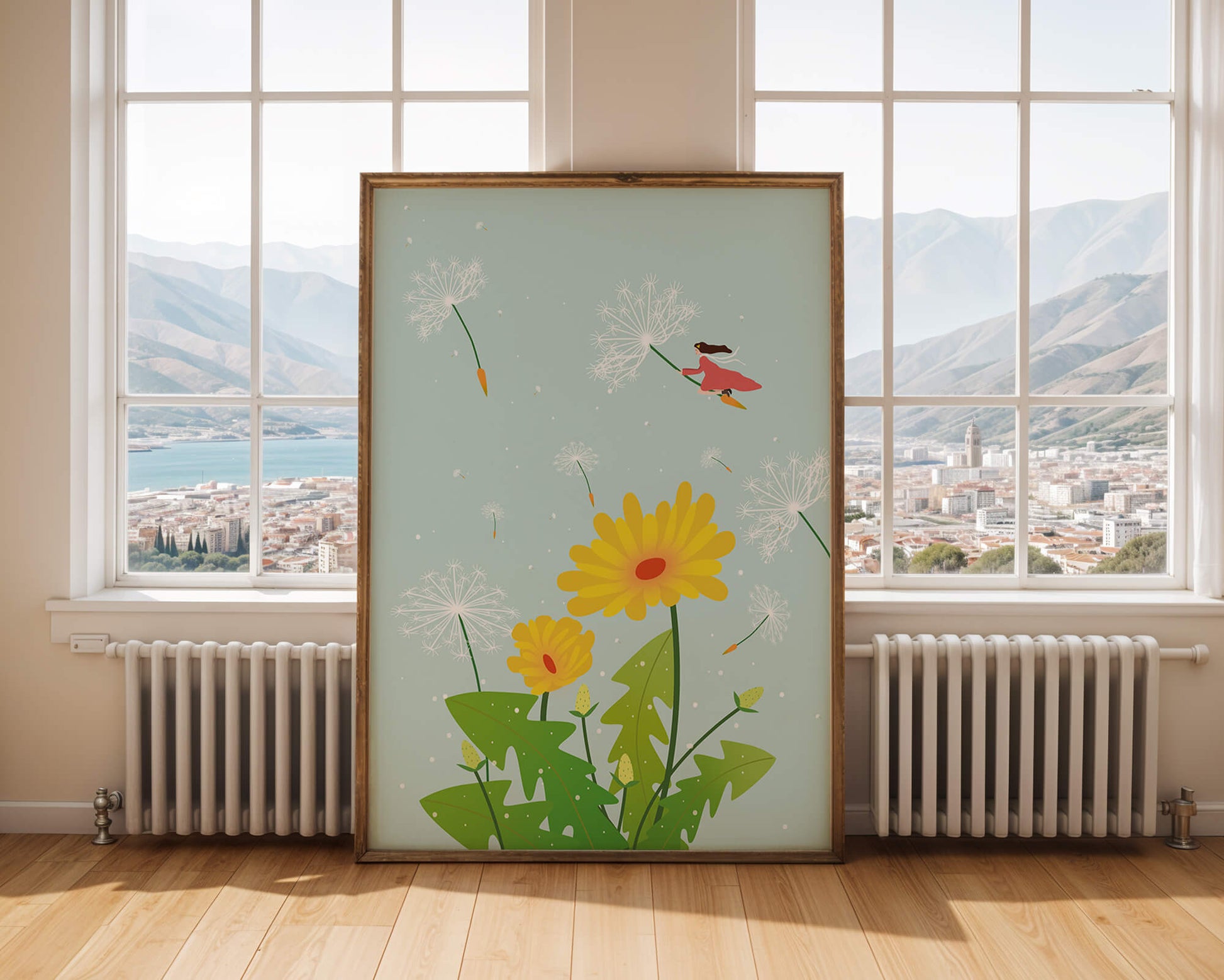 Whimsical illustration of a girl flying with dandelions in a colorful floral scene