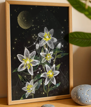 Luminous Night Flowers Under a Starry Sky with Golden Moon - Mi tienda